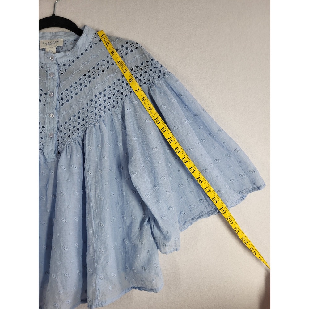 Calypso St Barth Swiss Dot Embroidered Blue Eyelet Lace Cotton Blouse Large Boho - Picture 11 of 13